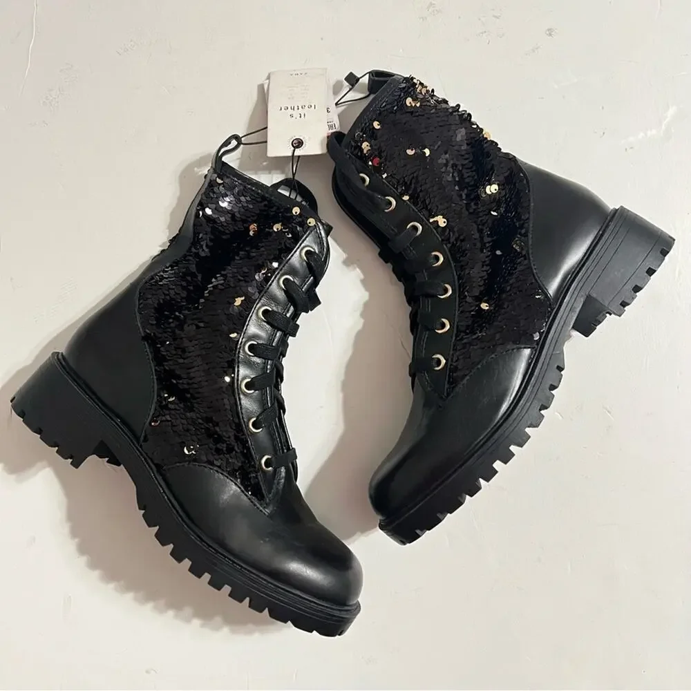 Zara Black Leather Sequined Lace Up Boots Size 6 US